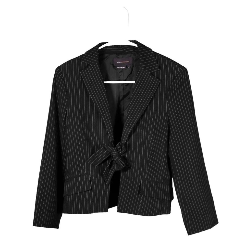 BCBG Max Azria Womens Blazer Black Striped Stretch Tie Front Lined Suit Jacket S